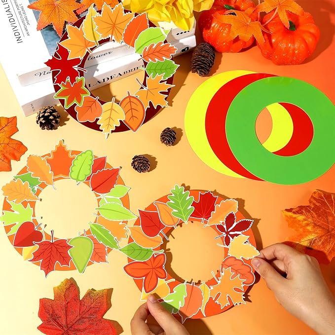 Lonfliness 36 Sets Fall Wreath Craft Kits for DIY Autumn Maple Leaves Paper Wreath Hanging Ornaments Make Your Own Thanksgiving Paper Art Craft for School Home Party Decor Activities