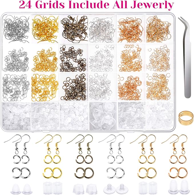 Anezus 1900 Pcs Earring Making Kit with Jewelry Hooks, Fish Hook Earrings, Backs, Jump Rings for Repair, Gifts