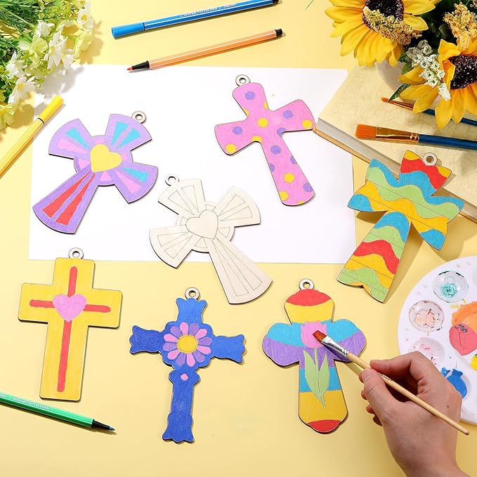 Anglechic 14 Set Spring Religious Craft Kit Christian Cross Painting Crafts DIY Unfinished Wooden Cross Sunday School Hanging Ornaments Blank Coloring Decoration for Home Church Activities