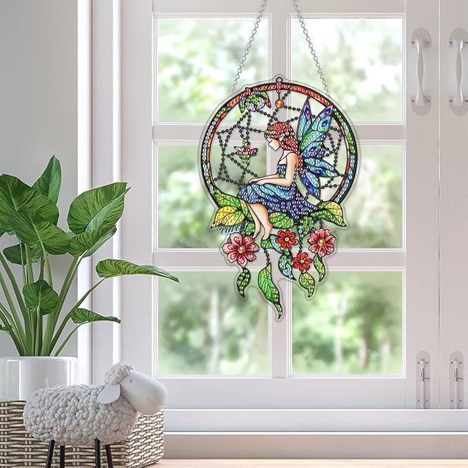 SKRYUIE Girl Hanging Diamond Art Kits for Adults Pendant Suncatcher, Special Shaped Crystal DIY Pearl Diamond Painting Kit, Gift for Mother Spring Summer Window Wreath Decor 7.6 x 5.12 Inch A19