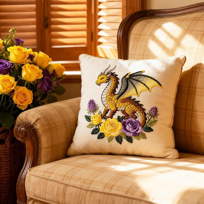 BEUNITONE 6 Sets Embroidery Kits for Beginners with Dragon and Flowers Patterns, DIY Craft Kits for Adults Include Embroidery Hoops and Instructions, Needlepoint Kits for Craft Lover and Home Decor