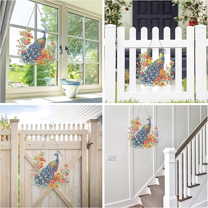 Reofrey Hanging Diamond Art Kits for Adults– 8x8Inch Peacocks Hanging Ornament Acrylic Board Double Sided Pattern Crystal Diamond Art Suncatcher Pendant, for Home Wall Window Decoration Handmade Gift