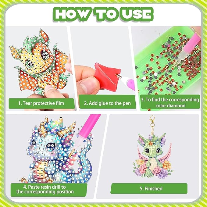 Masendp 8 Pieces Diamond Painting Keychain Cartoon Style Diamond Art Jewelry Double Sided 5D Diamond Painting Kit for Beginners Adult DIY Art Craft Gift Home Decor (Dragon)