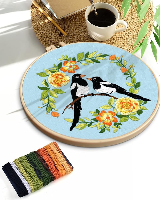 TINDTOP Embroidery Kit for Beginners Adult, Bird Embroidery Kit for Beginners Include Embroidery Cloth Hoops Threads for Craft Lover Hand Stitch with Embroidery Skill Techniques