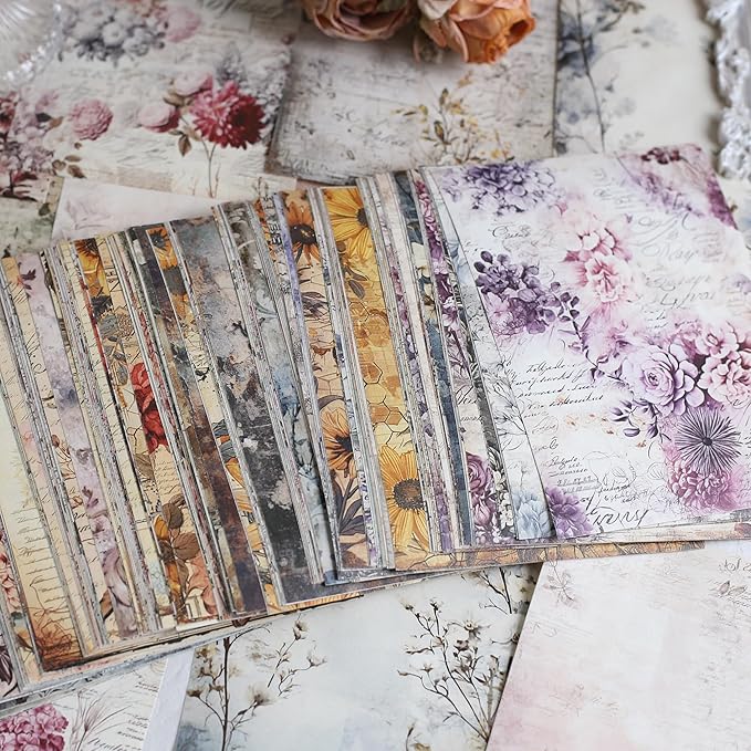 160 Sheets Vintage Flower Scrapbook Paper, Junk Journal Supplies, Purple Pink Flowers with Cursive Script No Repeating Perfect for Junk Journal DIY Cards Craft Albums Scrapbooking Supplies (Purple)