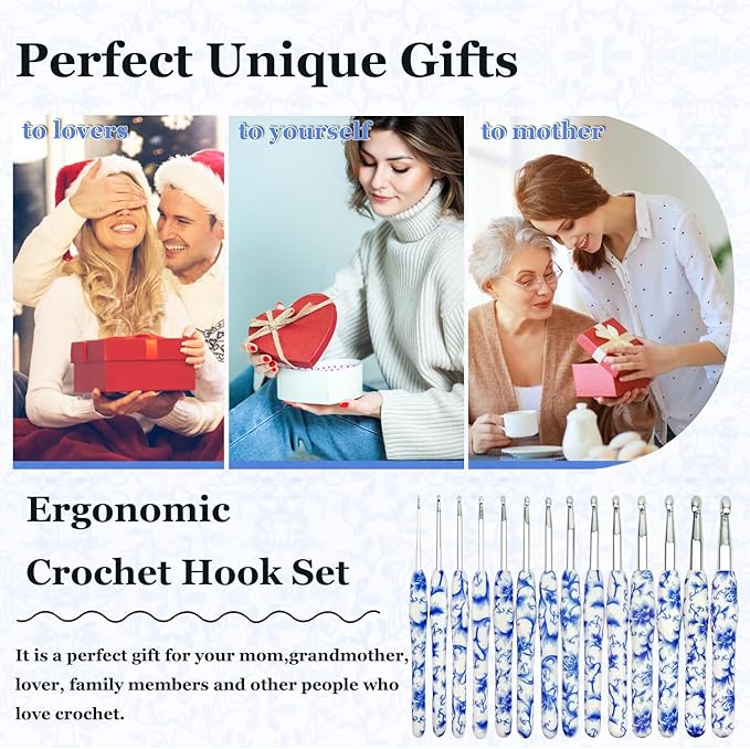 Hobekoee 14 Sizes Crochet Hooks Set,2.25mm(B)-10mm(N) Ergonomic Handle Crochet Hook for Arthritic Hands,Long Crochet Needles Set with Case for Beginners and Enthusiasts