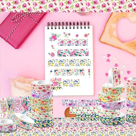 12 Rolls Flower Washi Tape Set, Floral Masking Tape, Spring Colorful Garden Themed Decorative Paper Tape for Monther's Day Scrapbooks Journals Vision Boards Planners DIY Crafts 16.4FT