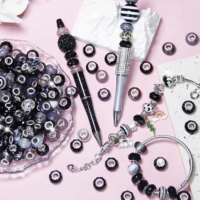 200Pcs Black Large Hole Beads, European Craft Big Beads, Large Hole Lampwork Murano Bead, Fairy Wand Garden Bead, DIY Charm Bracelet Necklace Jewelry Making Decoration Supplies