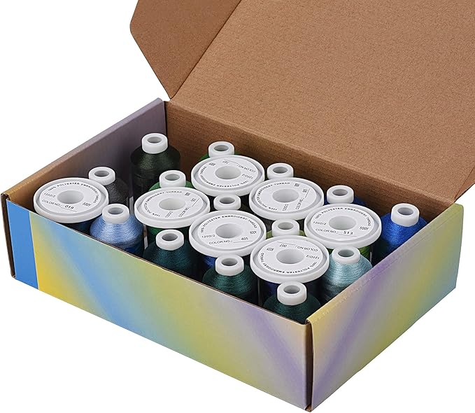 Simthread Embroidery Machine Thread Kit 800Y 21 Spools Blue and Green Colors for Professional Embroidery Design