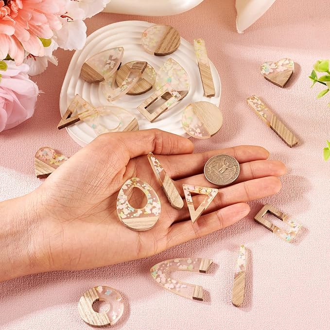 Beadthoven 20pcs/10 Pairs Resin Wood Charms DIY Earrings Pendants Pastel Color Sequin Resin Charms Mix Shape Wood Pieces for Statement Earrings Jewelry Making Necklace Ornaments DIY Supplies