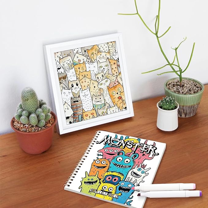Tlenpo Adult Coloring Book for Women, 30 Pages Cute Monster Pattern Single-Sided, Spiral Bound Lay-Flat, Gifts Arts and Crafts for Women to Relax, Alcohol Marker Friendly