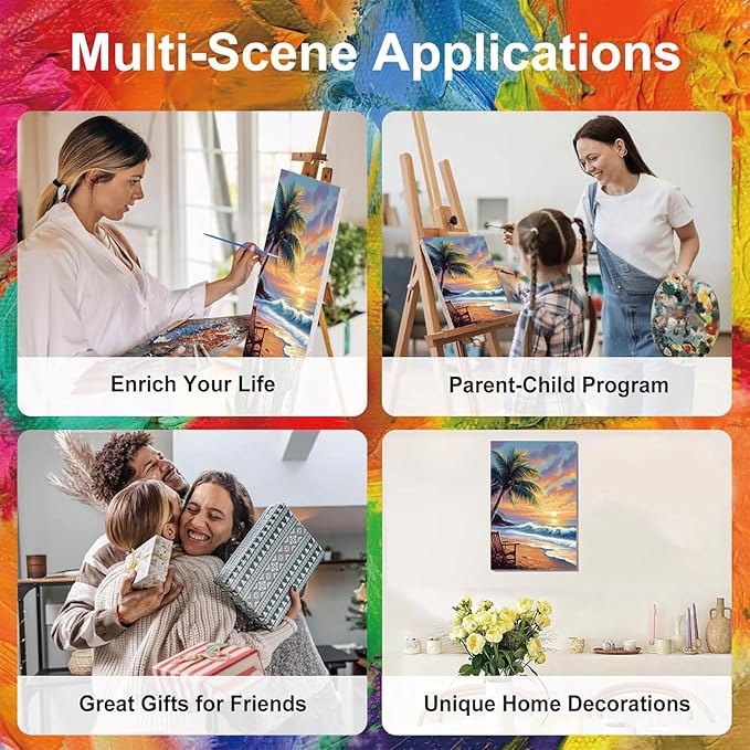Beach Paint by Numbers for Adults with Framed Canvas - with Wooden Easel, Landscape Paint by Number on Canvas, DIY Sunset Acrylic Oil Painting Kits with Brushes for Home Wall Decor (8x12 inch)
