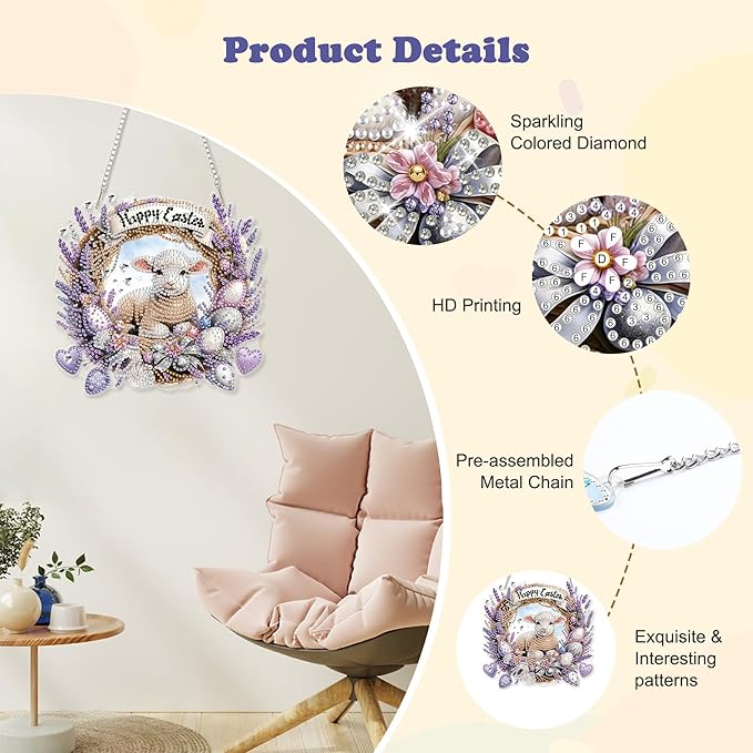 HEIBAGO Easter Lamb Diamond Art Hanging Kits for Adults, Diamond Art Suncatchers Sheep, 5D Special Shape Diamond Painting Pendant, DIY Window Ornament Gifts for Home Garden Door Wall Decor 8.3 x 8.3In