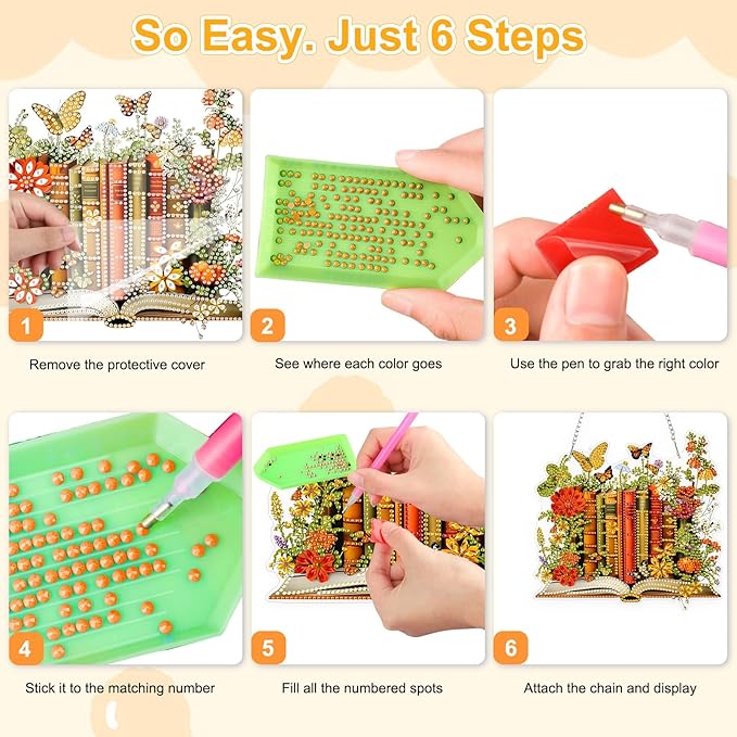 TOSTOG Exquisite Books Diamond Art Pendant Kit for Adult, Orange Diamond Painting Hanging Kit for Beginners, 5D DIY Crafts Gem Art, Waterproof Full Accessories for Home Decor Idea 20 * 20 cm/8 * 8 in