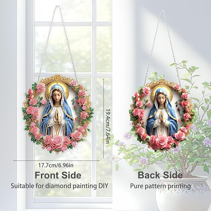 TOSTOG Diamond Art Hanging Kits for Adults, Virgin Mary Diamond Painting for Adults Window Pendant, Flower Special Shape Diamonds Diamond Painting Hanging Pendant Kit for Wall Home Decor Gift