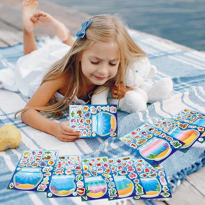 24 pcs ocean animal stickers, make a face sticker sheets for kids, make your own sea animal fish tank scene for kids summer party favors activities