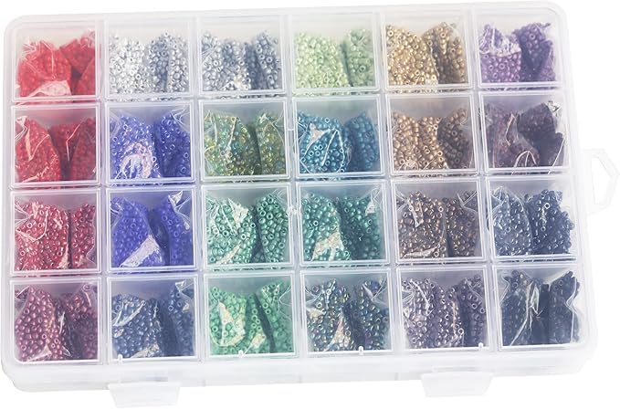 Size 2mm Glass Seed Beads 48 Colors Total About 38400pcs,12/0 Small Seed Beads Kit Bracelet Beads with 24-Grid Storage Box for Jewelry Making