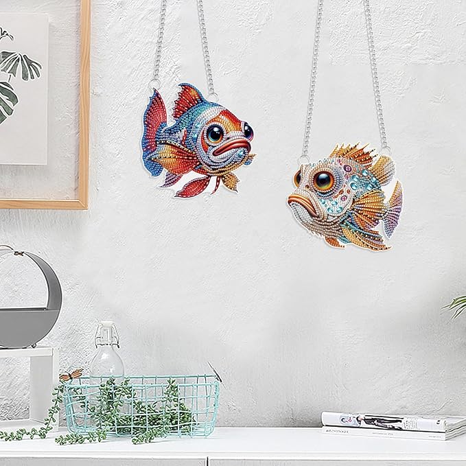 LazyFold 2PCS Diamond Art Hanging Pendant Kits for Adults, Colorful Fish DIY 5D Special Shape Diamond Art Painting Pendant Kits,Gem Art Suncatchers Painting Ornament for Home Garden Wall Decor Gift