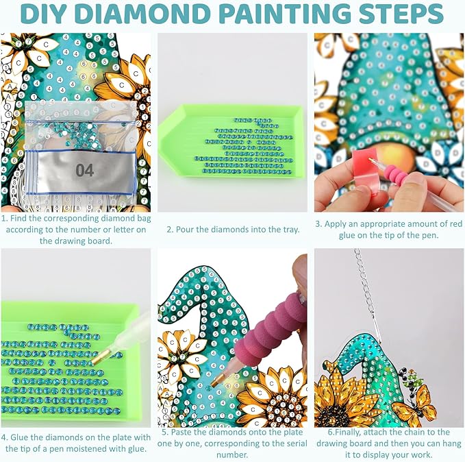 MEIYUDA Gnomes Diamond Art Hanging Kits for Adult, Sunflowers Gnomes Diamond Painting Hanging Kits Ornaments, DIY Special Shaped Rhinestone Window Pendants kit for Home Garden Wall Decor Gift