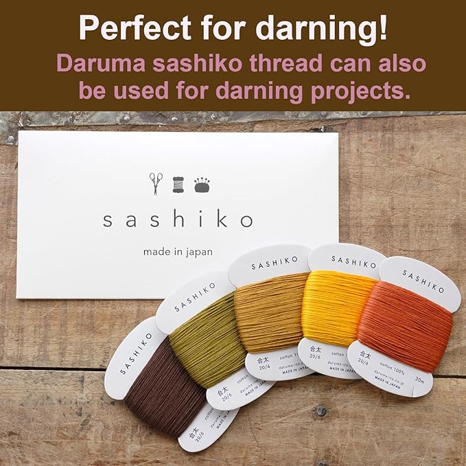 DARUMA Sashiko Thread 100% Cotton Card Type (32.8 yd) x 5 Colors with English Manual, Sewing & Embroidery Value Set with Gift Package(Thick, Kouyou)