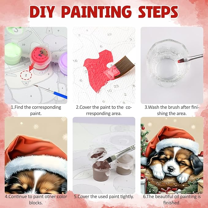 DOMROM 4 Pack Framed Paint by Numbers Dog for Kids Beginners, Adult Paint by Number Kits Animal on Canvas, Acrylic Number Painting Christmas Cat Craft Kits for Gift Home Decor 8x8in