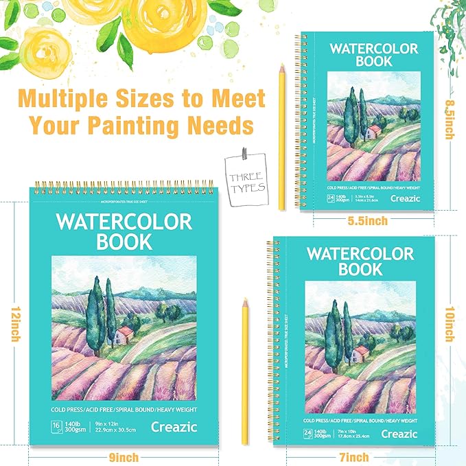 9"x12" Watercolor Paper Pad, Spiral Bound with Tear Line, 16 Sheets (140lb/300g): Art and School Supplies- Water Color Paper for Adults Kids-Watercolors, Watercolor Sketches, and Art Journals