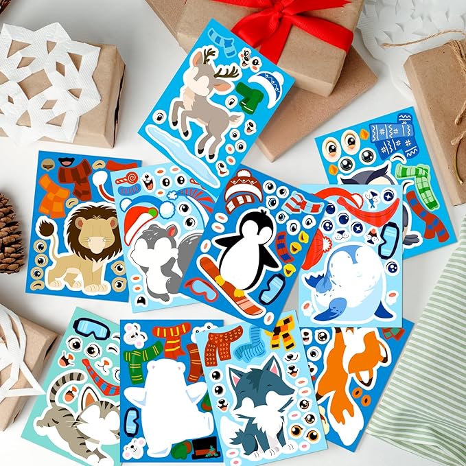 60sheets winter animal stickers crafts bulk, christmas make- a- penguin/fox/owl/reindeer face sticker holiday gifts goodie bag stuffer activity games party favors(small size)