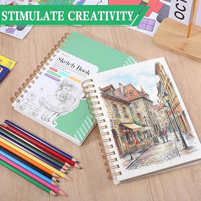 Sketch Book with 12 Color Pencil Set, 90 Sheets Spiral Sketchbook for Drawing (68lb/100gsm), Acid-Free Sketch Pad for Artist, Art Paper Drawing Supplies for Gifts(Green)