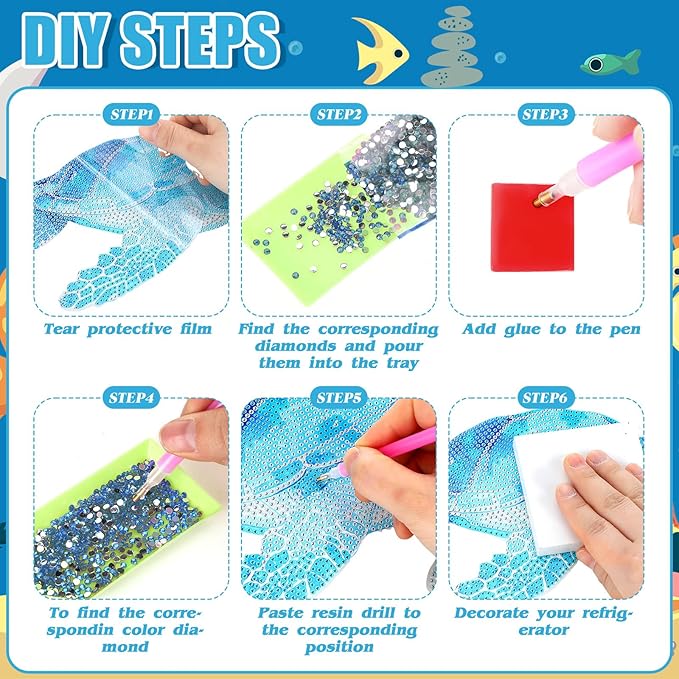 Yuefunny 3 Pcs Ocean Diamond Painting Hanging Kits, 5d DIY Coastal Diamond Art Turtle Starfish Door Sign, Summer Beach Hanging Decor for Home Garden Wall Window Under The Sea Party Favors