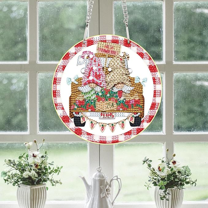 DIY 5D Diamond Painting Hanging Pendant Kit Special Shaped Diamond Dots Art Acrylic Ornaments, Pink Gnome Diamond Art Pendant for Adult Home Wall Window Decor Gift