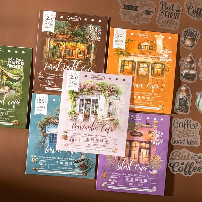 TIAMECH Encounter Cafe PET Stickers - 150 Pcs Silent Romantic Delicious Leisure Coffee Design, Waterproof Sticker for Journaling & Scrapbooking, Junk Journal Supplies, Ephemera & DIY Crafts