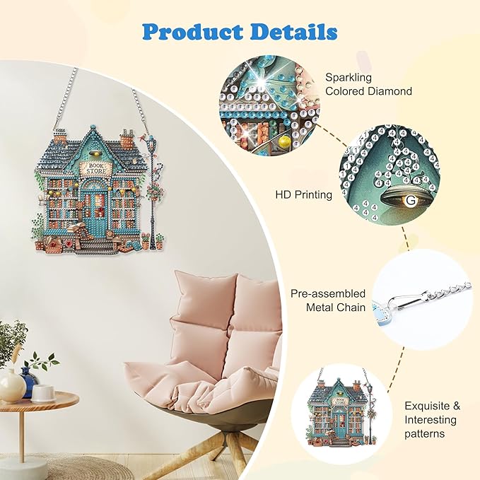 HEIBAGO Book Store Diamond Art Hanging Kits for Adults, Diamond Art Suncatchers, 5D Special Shape Diamond Painting Pendant, DIY Window Ornament Gifts for Home Garden Door Wall Decor 8.3 x 8.3 in