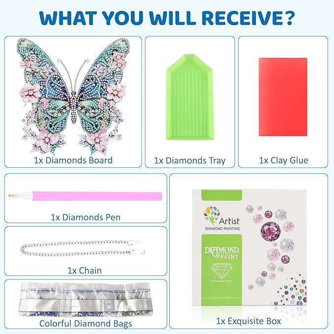 MEIYUDA Butterfly Diamond Painting Pendant Kits, DIY Butterfly and Flowers Diamond Art Window Hanging Ornament for Adults, 5D Special Shape Rhinestone Pendant for Home Decoration