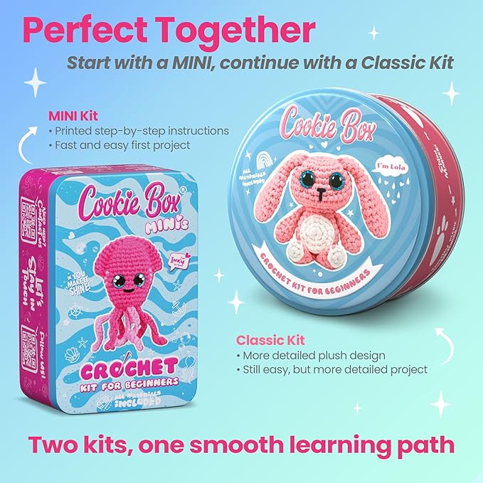 Cookie Box MINIs Crochet Kit for Beginners β Gift Set to Make Squid Inky Amigurumi Plushie β Easy DIY Crochet & Knitting Starter Kit with Printed Instructions & Step-by-Step Video Tutorial