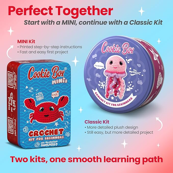 Cookie Box MINIs Crochet Kit for Beginners β Gift Set to Make Crab Eugene Amigurumi Plushie β Easy DIY Crochet & Knitting Starter Kit with Printed Instructions & Step-by-Step Video Tutorial