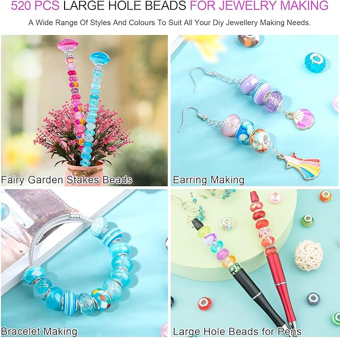 520 Pcs Large Hole Spacer Beads Assortment European Craft Beads Large Hole Colorful Rhinestone Lampwork Big Beads Fairy Garden Bead for DIY Pens Bracelet Necklace Keychain Jewelry Making Supplies