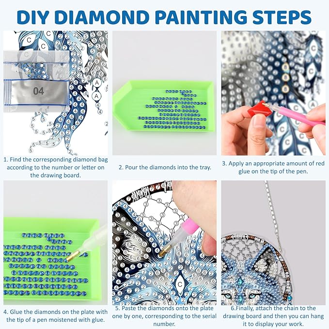 MEIYUDA Wolf Diamond Art Hanging Kits for Adult, Wolf Dreamcatcher Diamond Painting Hanging Kits Ornaments, DIY Special Shaped Rhinestone Window Pendants Kit for Home Garden Wall Decor Gift