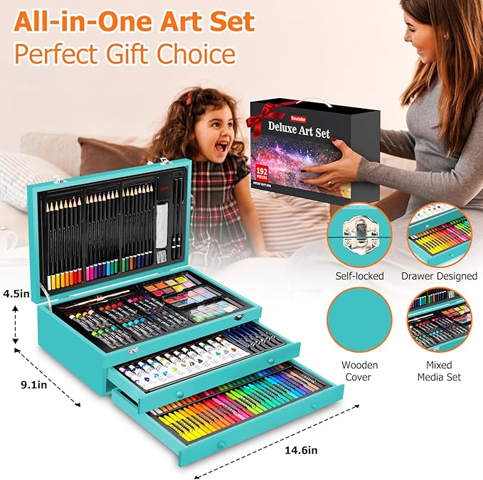 Soucolor Art Supplies, 192-Pack Deluxe Art Set Drawing Painting Supplies Art Kit with Acrylic Pad, Watercolor Pad, Sketch Book, Canvases, Acrylic Paint, Crayons, Pencils, Gifts for Artists Adults