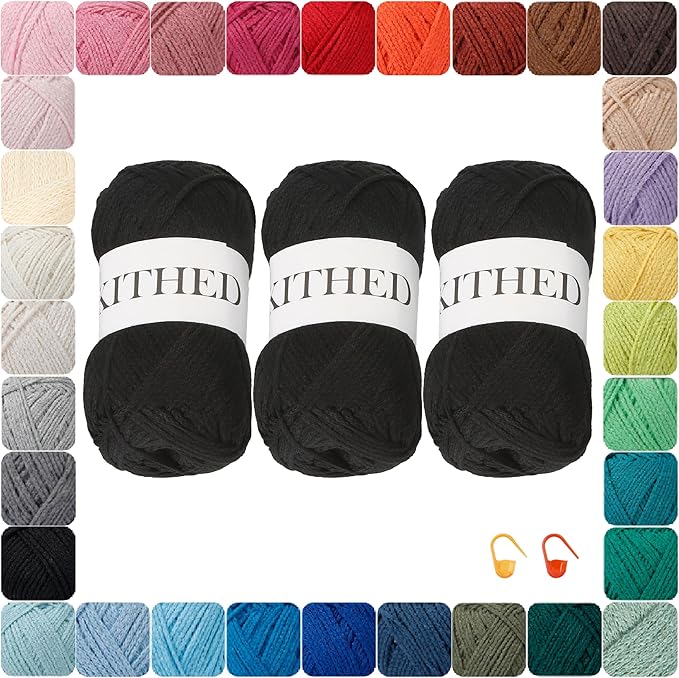 Cotton Chainette Yarn,4 Medium (Worsted)-10oz,3 Pack,Knitting Yarn for Beginners,Thicker for Crocheting and Knitting (04 Black)