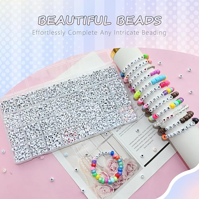 Amaney 1600pcs Acrylic Letter Beads - 4x7mm White, A-Z 31 Styles for Jewelry Making Bracelets, Necklaces, Key Chains