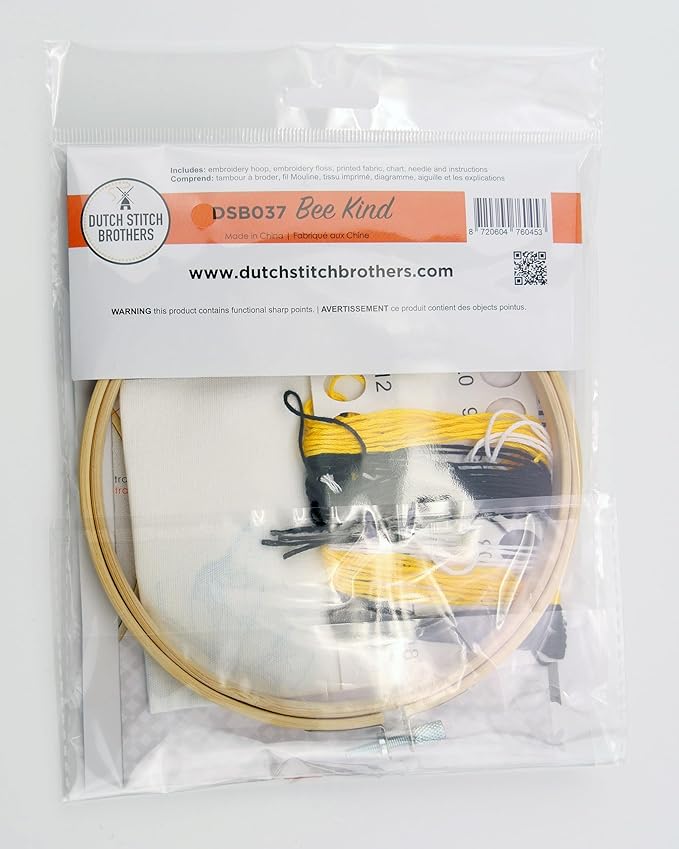 DUTCH STITCH BROTHERS Bee Kind Embroidery Starter Kit with Pattern and Instructions. Stamped Embroidery Kits with Embroidery Clothes with Pattern. 6" Embroidery Hoop