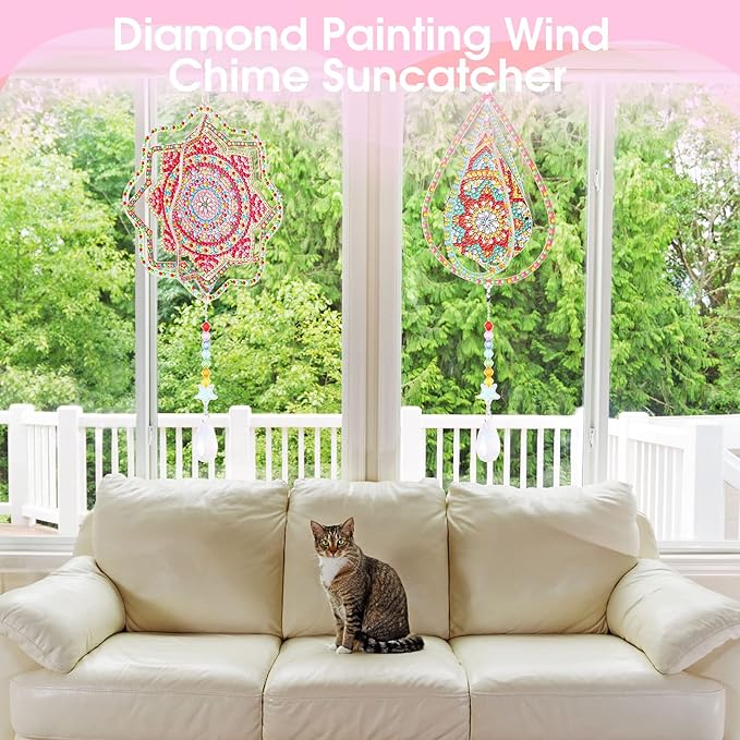 Queekay 2 Pieces 3D Diamond Painting Wind Chime Diamond Art Suncatcher Kits Three Dimensional by Number Hanging Ornament Double Sided Crystal Suncatcher Window Decor for Home Wall Garden(Drop)