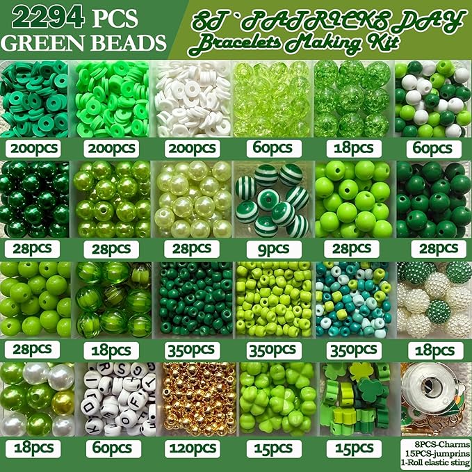 2290Pcs St. Patrick's Day Bracelet Making Kit, 24 Style Green Assorted Beads Shamrock Clover Acrylic Round Bead Charms Bracelet Kit for Jewelry Making Pearl Plastic Heishi Bead for Earrings DIY Craft