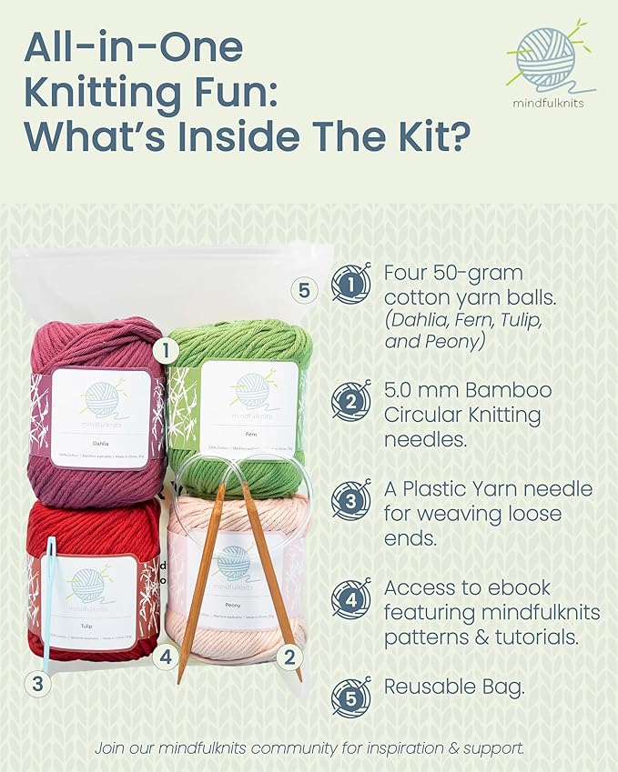 mindfulknits - Beginners Washcloth Knitting Kit - Includes 100% Cotton Knitting Yarn + Circular Knitting Needles & Yarn Needle (Flora Colored Cotton Yarn) - Mindful Crafting Kit