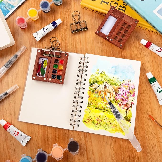 Mini Watercolor Paint Set, Portable Travel Watercolor Kit with 12 Colors, 2Pcs Wooden Palette, 2 Sketchbook & Metal Clip, 4 Brushes - Pocket Art Supplies for Artists, Adults, Beginners & Outdoor Paint