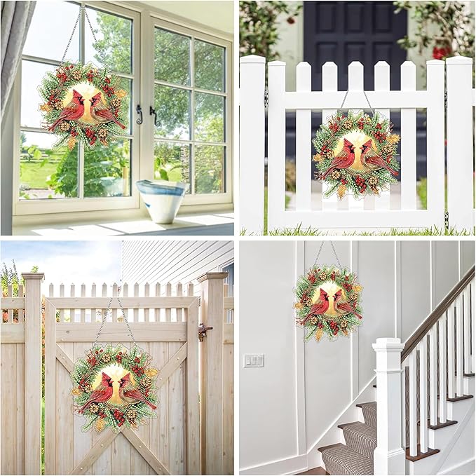 Reofrey Hanging Diamond Art Kits for Adults - 8x8 Inch Christmas Bird Acrylic Board Double Sided Pattern Diamond Art Suncatcher Pendant, Crystal Art for Home Wall or Window Decoration Handmade Gift