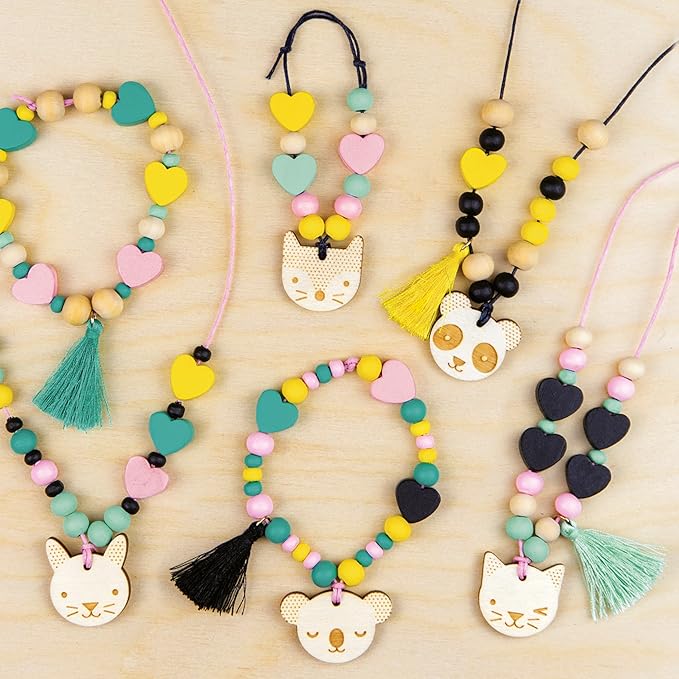 Petit Collage Animal Glam Wood Jewelry Set Craft Kit– Activity Set to Make Charm Bracelets and Necklaces for Women – Creative Toys for Ages 6+ – Ideal Crafts for Kids