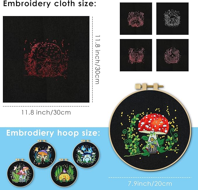 ERKOON 5 Sets Embroidery Kit for Beginners, Art Craft Handy Sewing Set Mushroom Cross Stitch Starter Kits, DIY Embroidery Kits with Patterns and Instructions Hoops Needles Threads