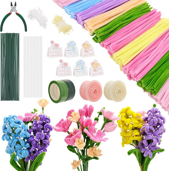 Ovveroche 1000 PCS Pipe Cleaners Craft, Pipe Cleaner Bulk Flower Kit with Handle, 7 Colors Chenille Stems Flower Making Kit with Floral Wires, Gardening Tape, Stamen, Ribbon for Art Craft Supplies