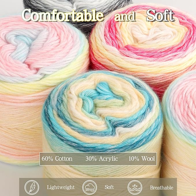 Katech Ombré Yarn for Crocheting-Gradient Cake Yarn-4x100g 60% Cotton 30% Acrylic 11% Wool-Multicolor Soft Rainbow Cotton Crochet Yarn for Scarves, Shawls, Blankets and Garments(O)